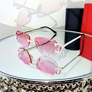 Luxury Rimless Round Cut Sunglasses Pink Lens Gold Frame with High-Quality